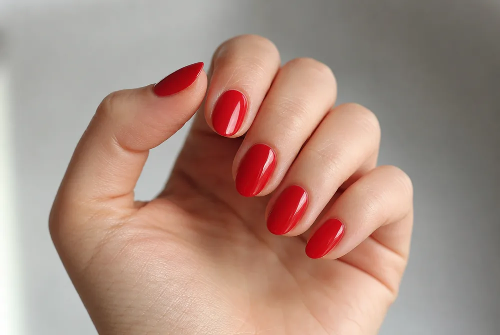 classic red oval nails in blue-red creme