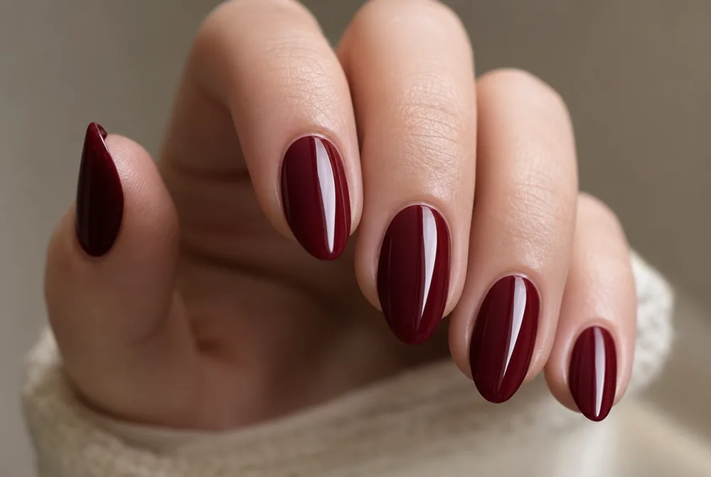 classic wine burgundy nails on medium almond shape