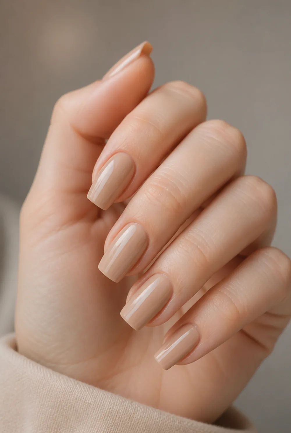 long nude coffin nail art on fair skin, short length