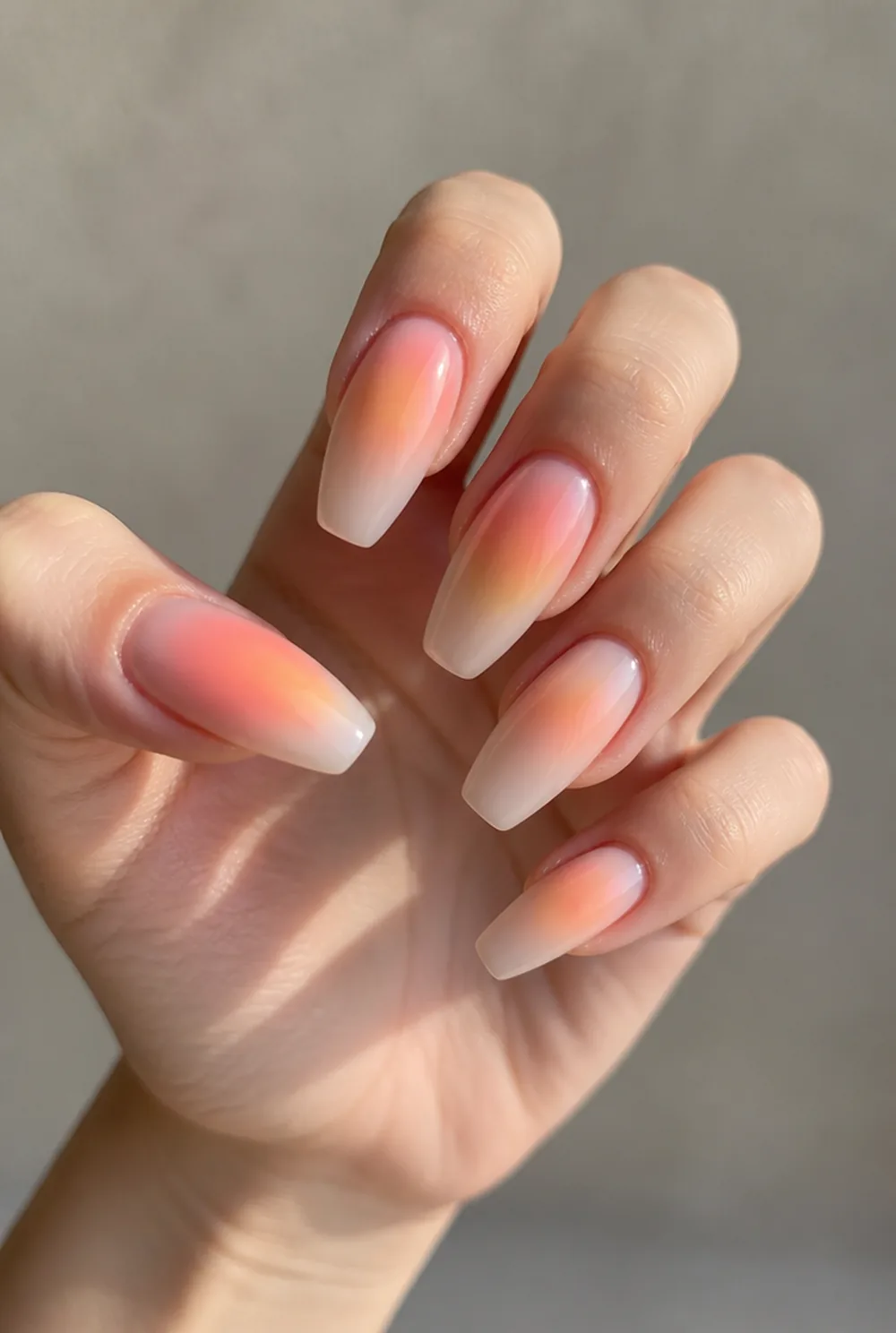 coffin aura nail art on fair skin, short length