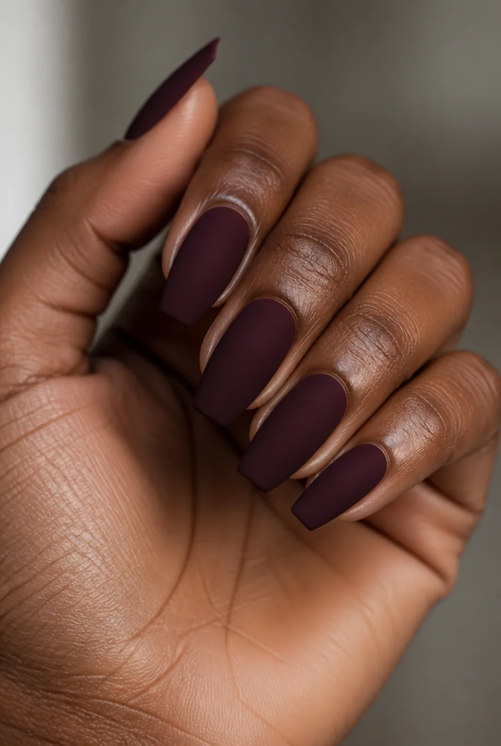 coffin velvet matte nail art on deep brown skin