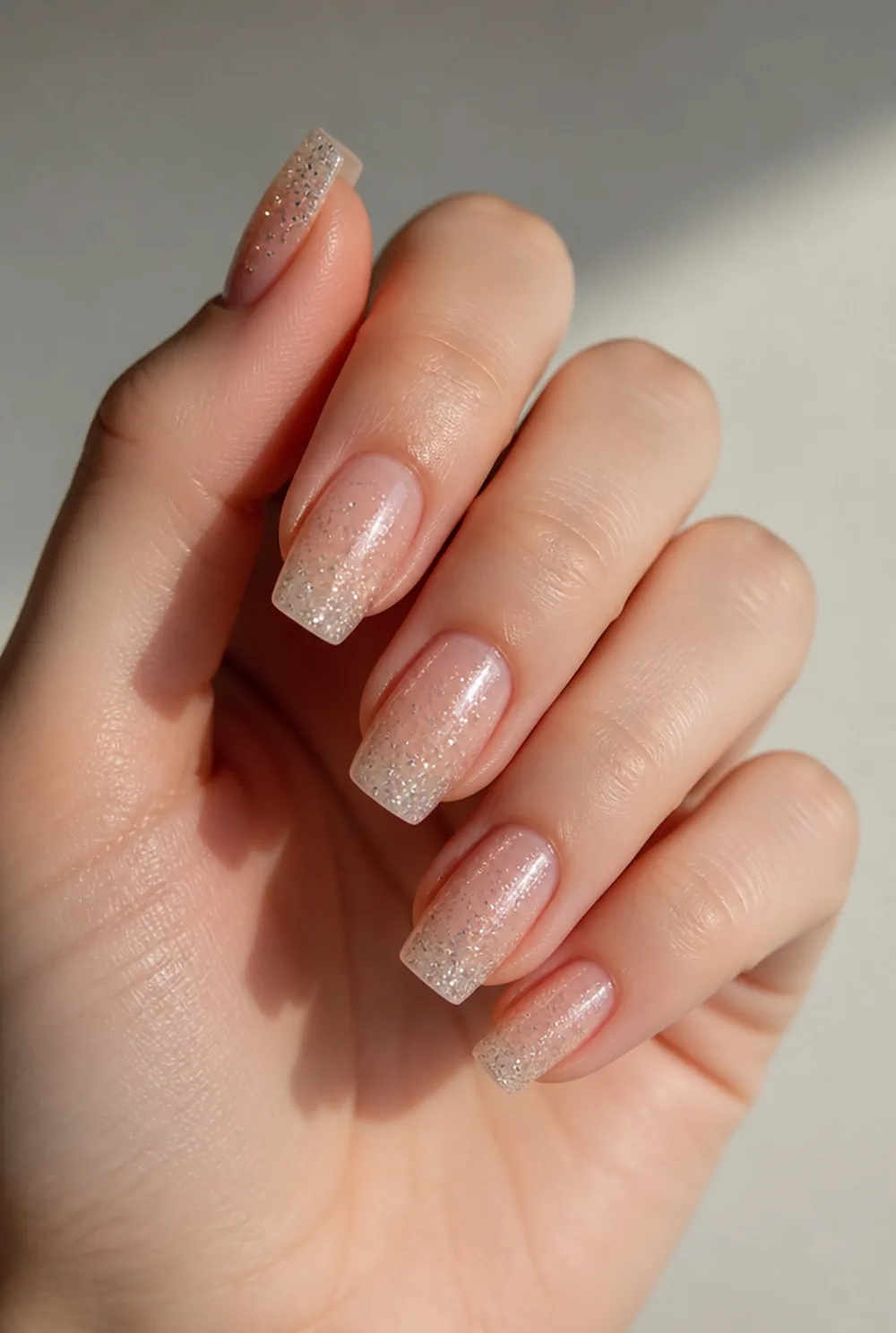 coffin glitter ombre nail art on fair skin, short length