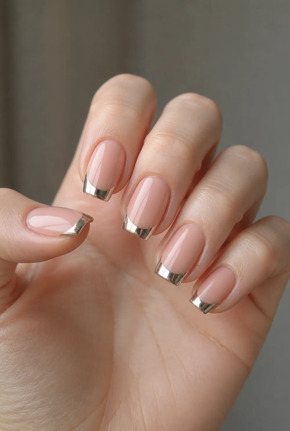 coffin with chrome tips nail art on fair skin, short length