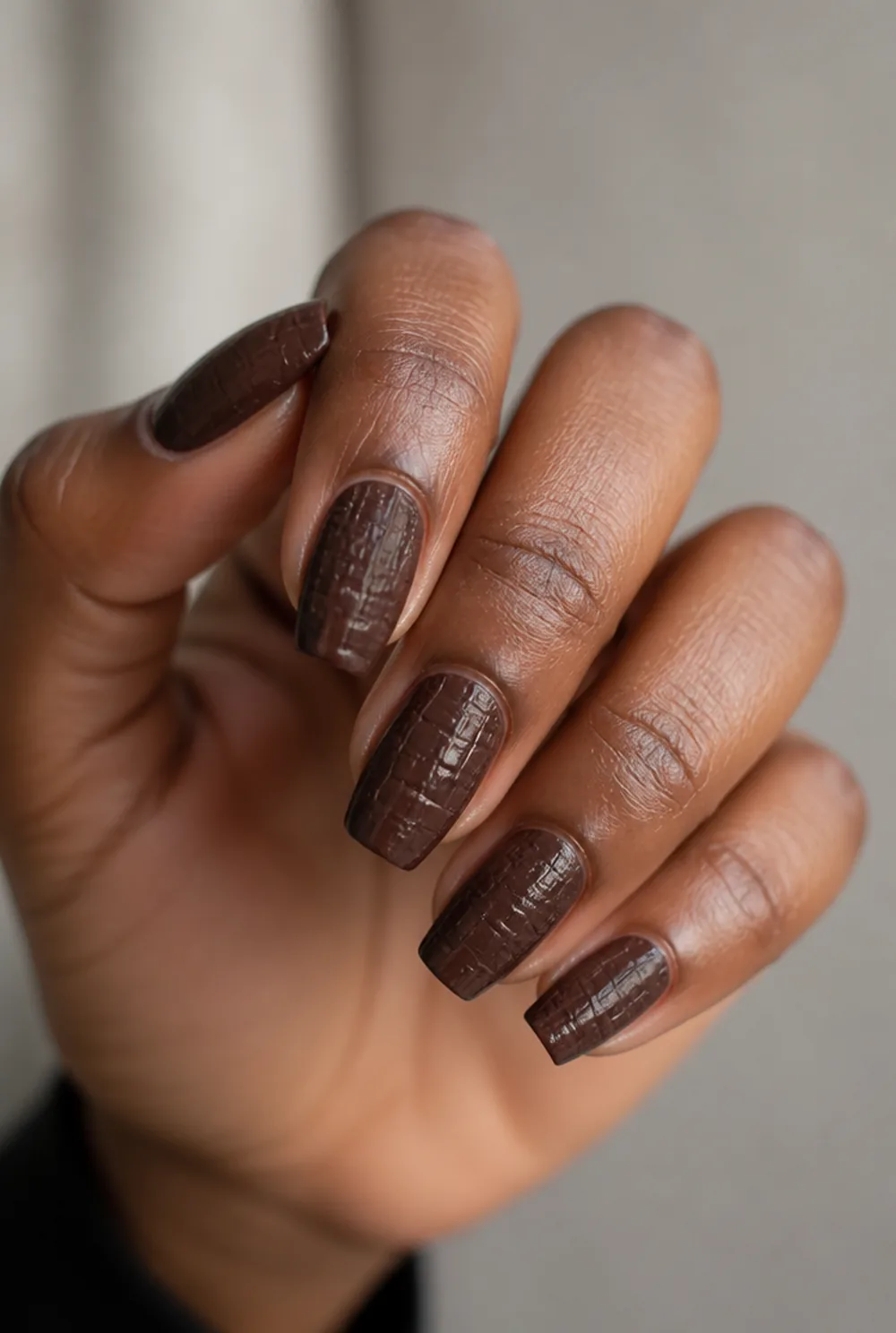 coffin croc print nail art on deep brown skin
