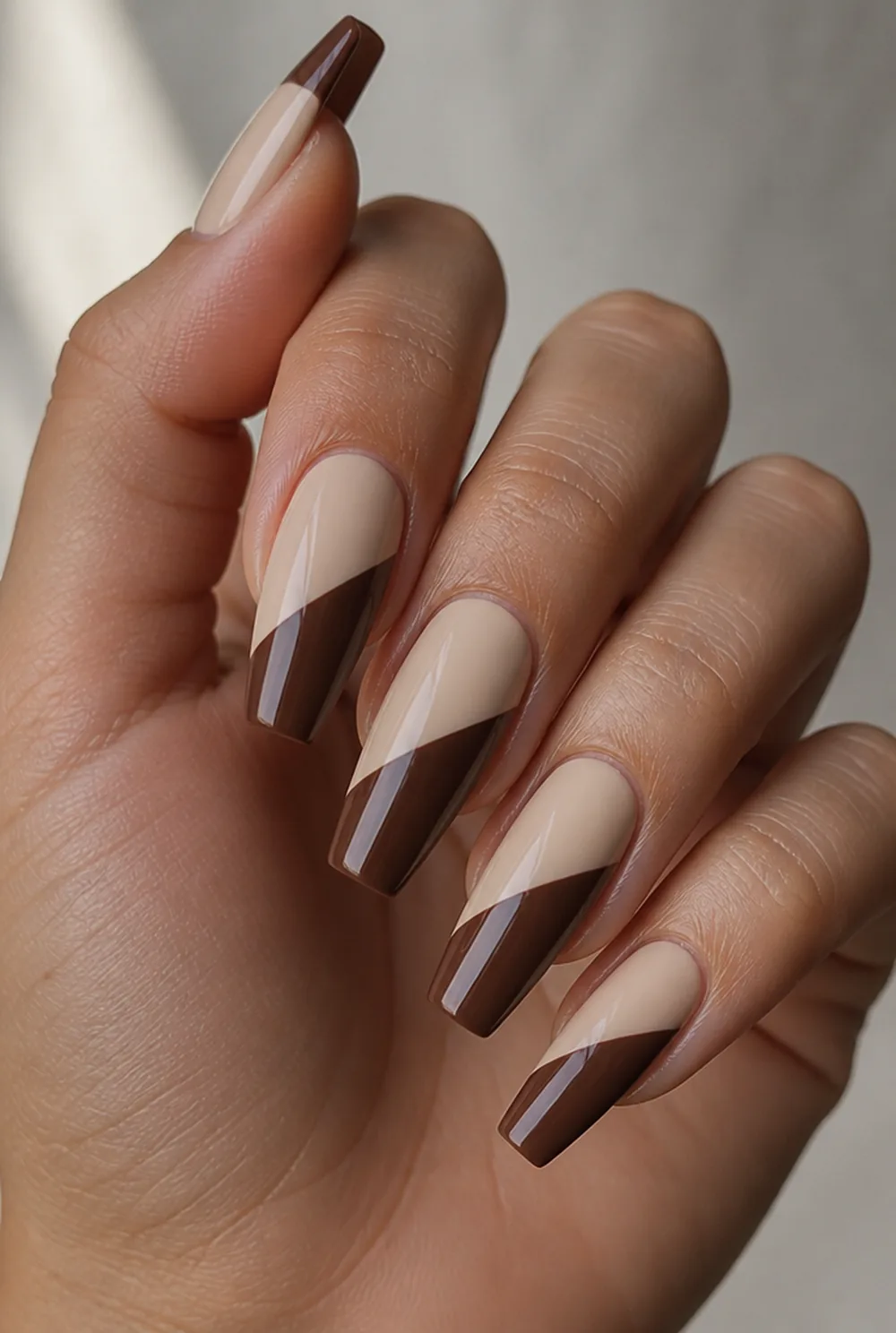 coffin half and half nail art on olive skin, long length