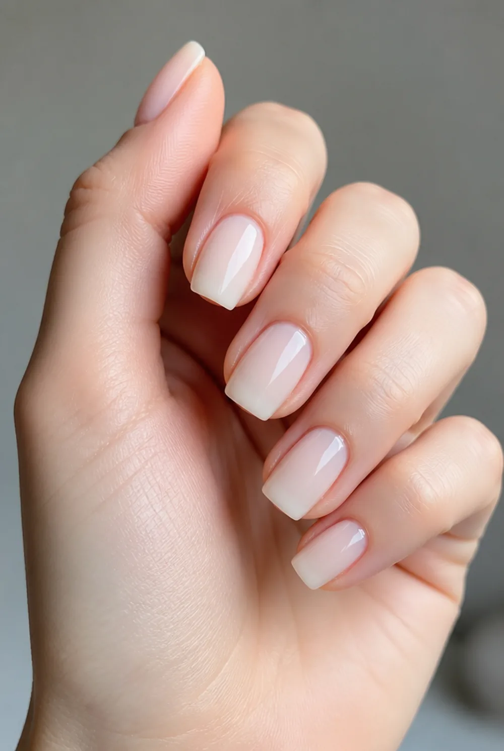 short coffin milky white nail art on fair skin, short length