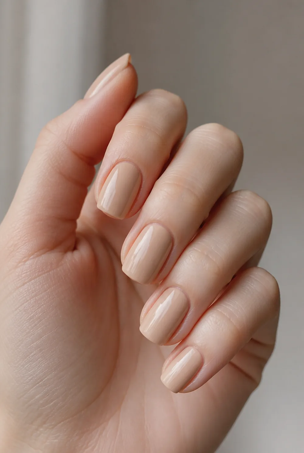 short coffin nude nail art on fair skin, short length