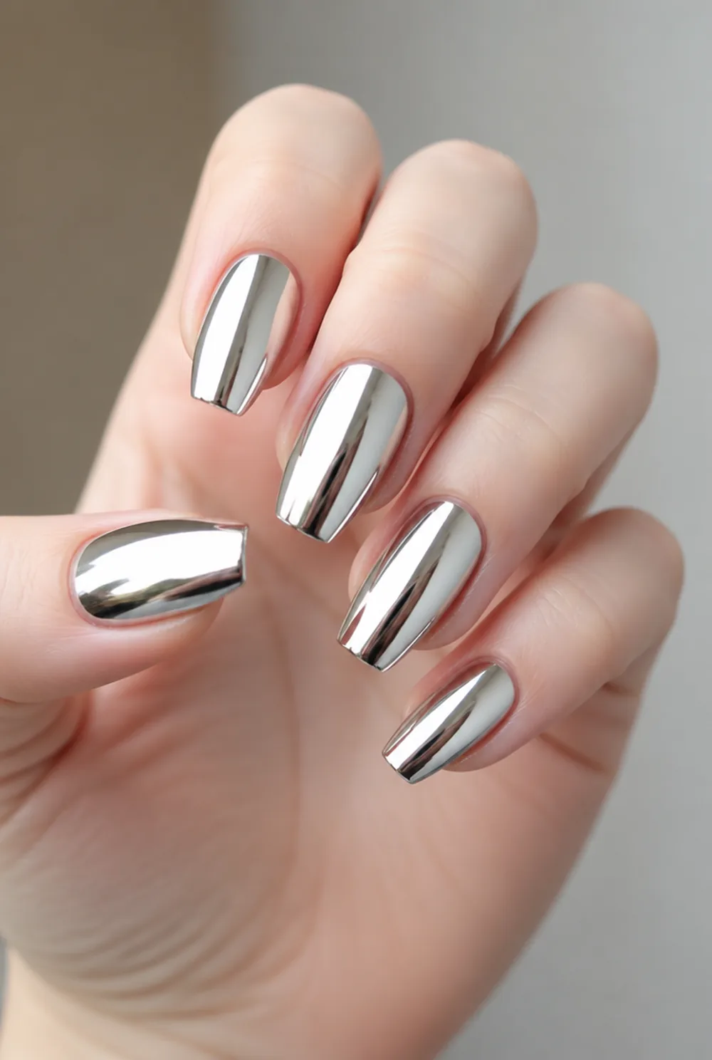 coffin chrome mirror nail art on fair skin, short length