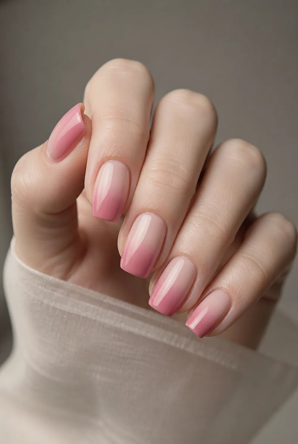 coffin ombre fade nail art on fair skin, short length