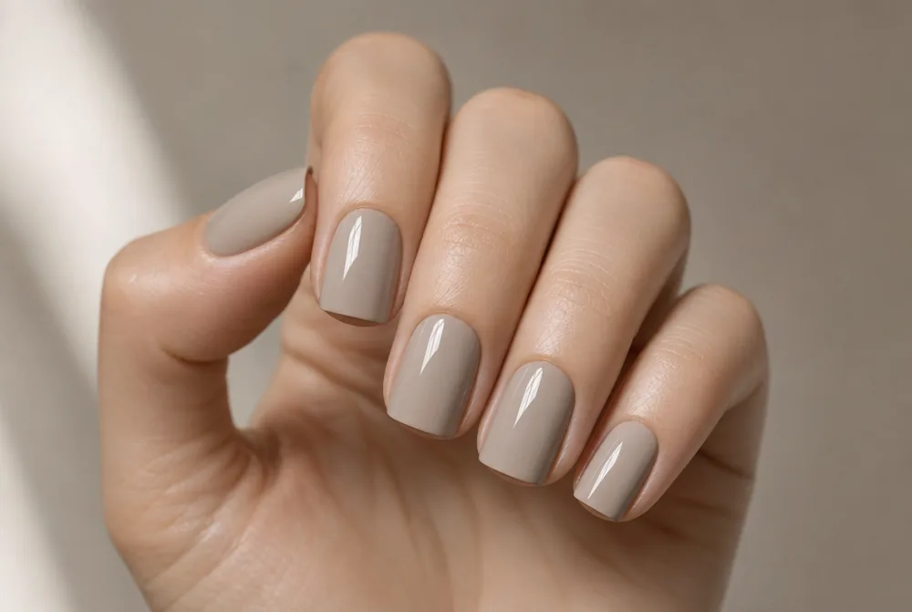 cool greige nude nails on medium square nails
