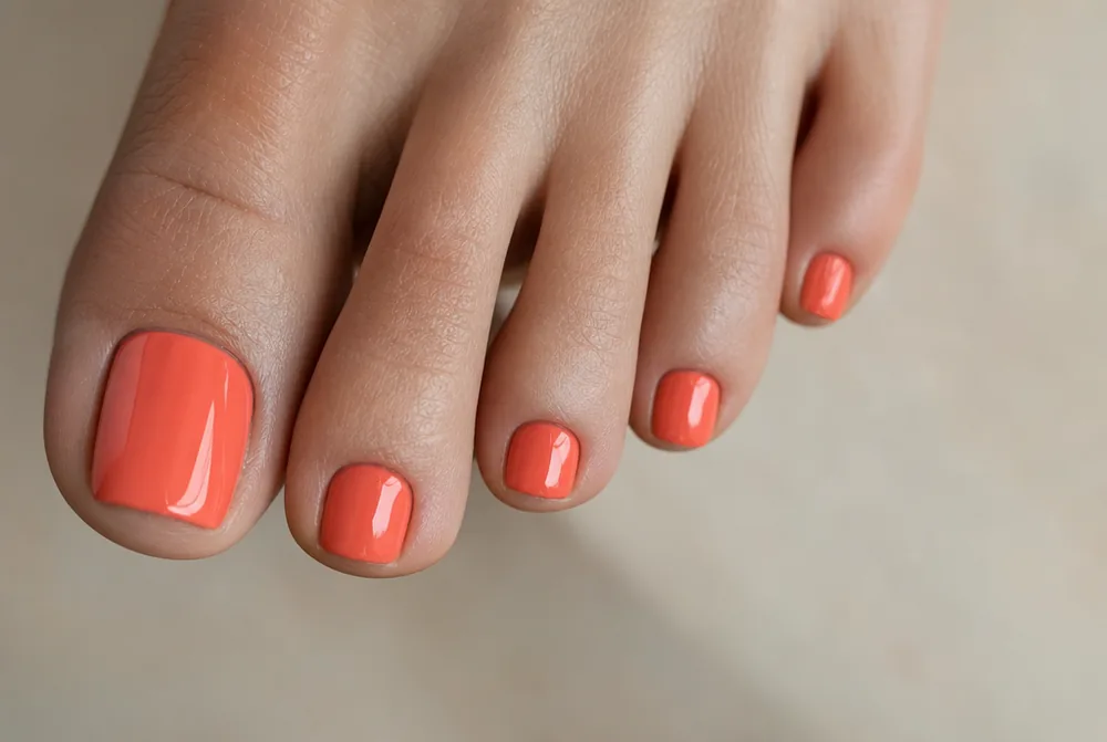 coral pedicure on toes