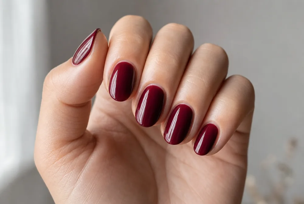 cranberry creme red Christmas nails on short almond nails