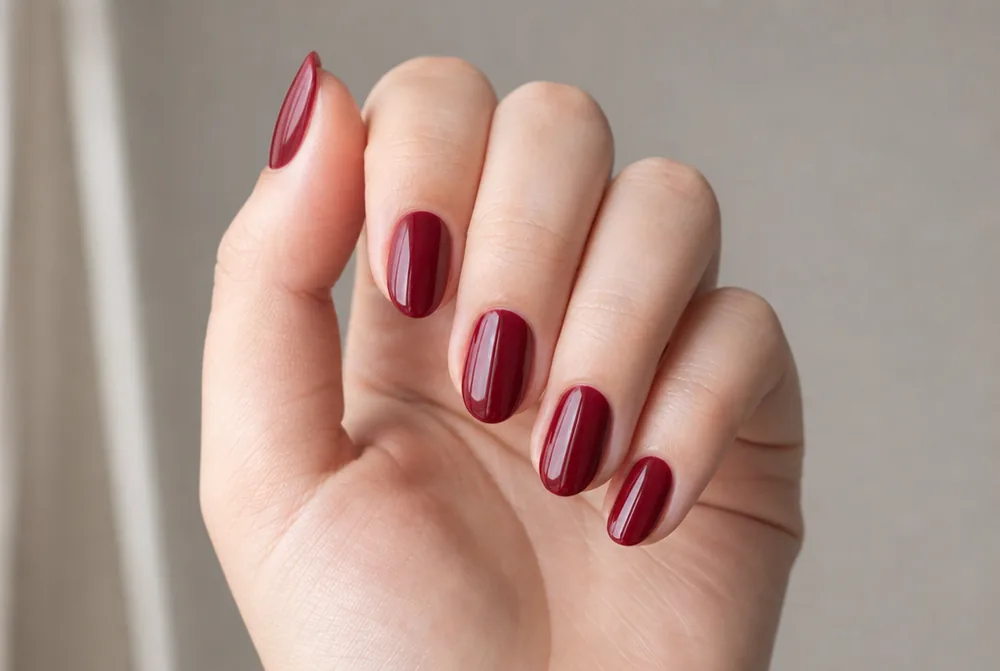 cranberry creme red December nails on short almond