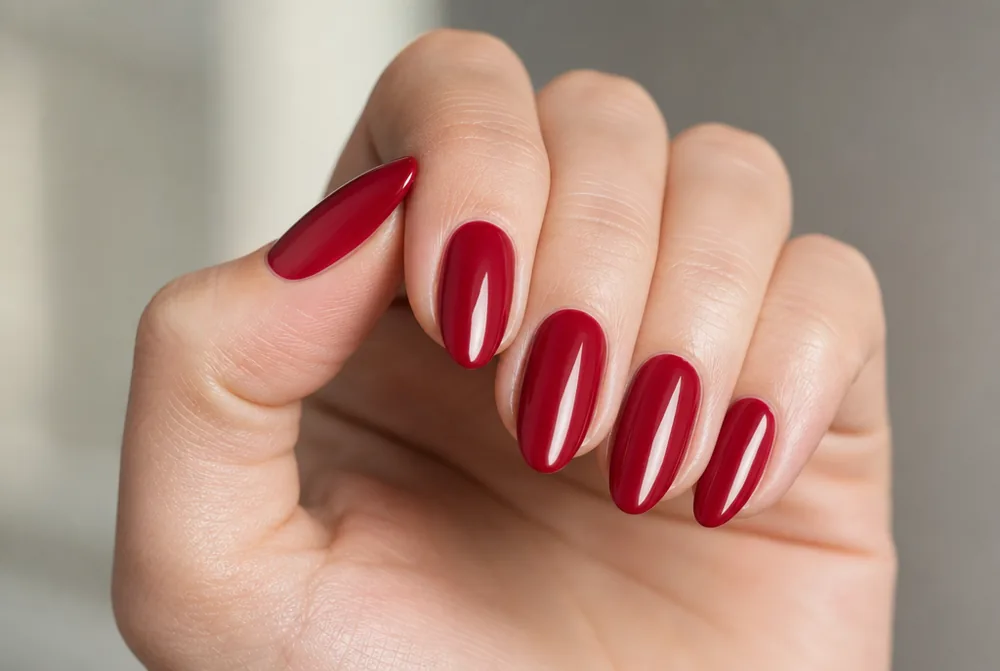 cranberry creme red winter nails on medium almond nails