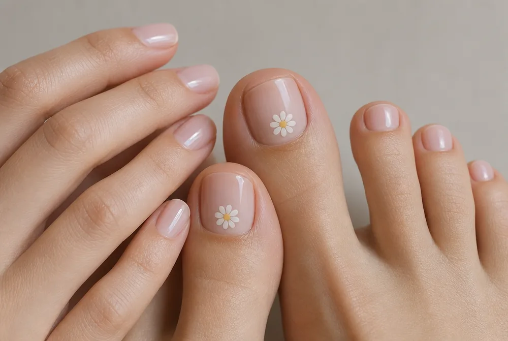 daisy accent pedicure on big toes