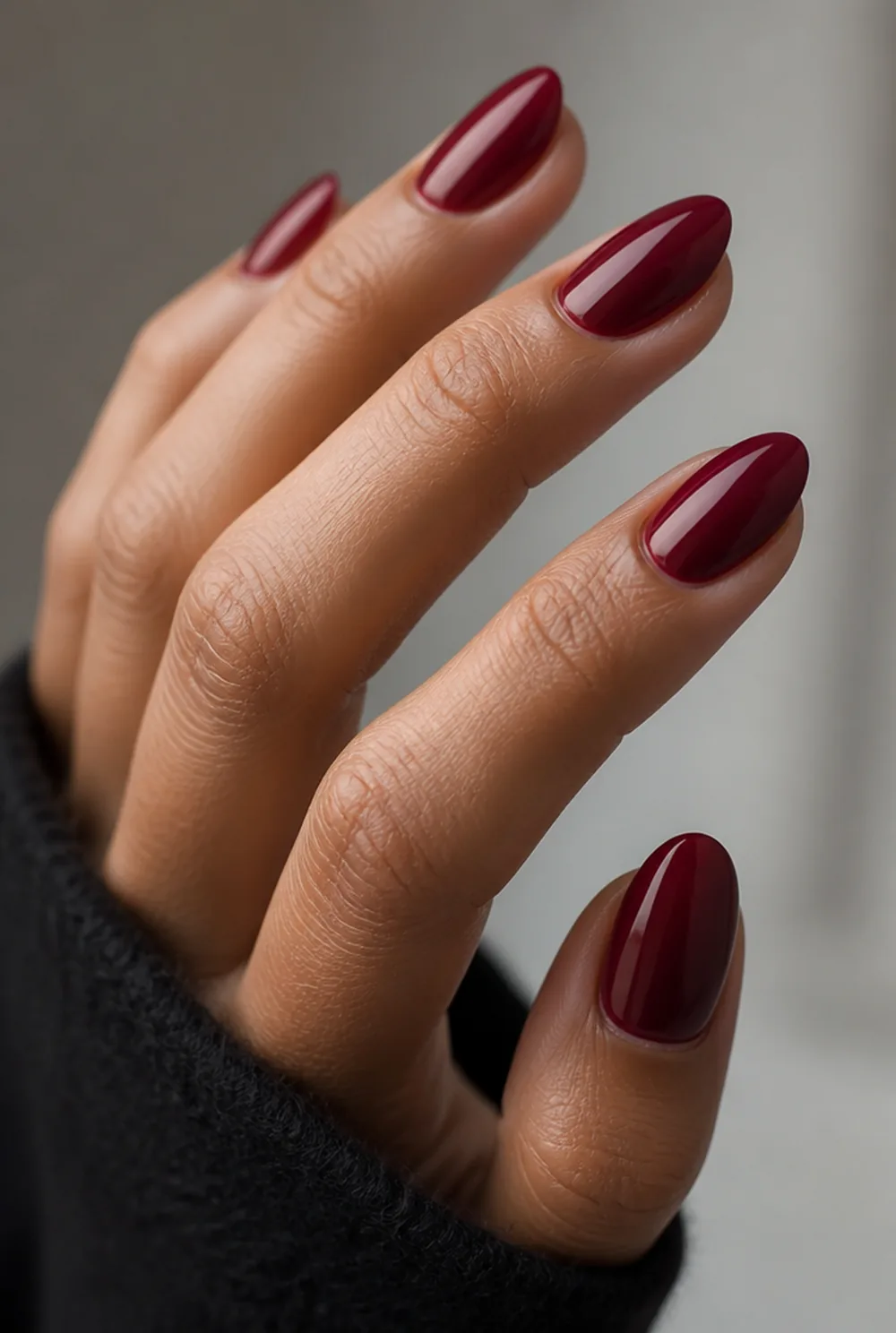 cranberry creme nail art on olive skin, long length