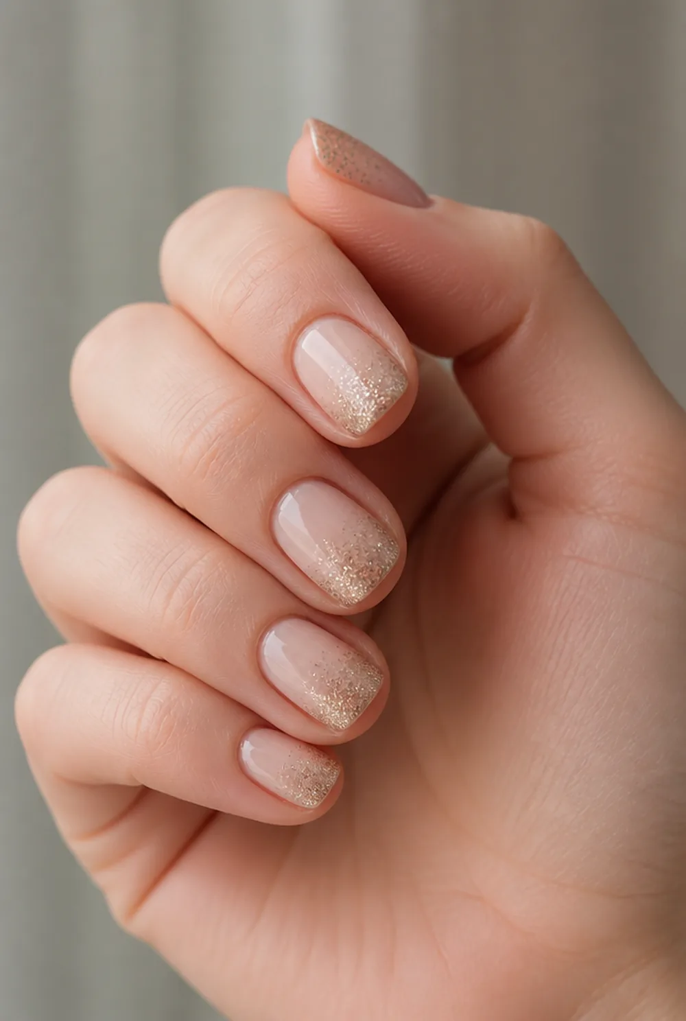 gold glitter ombre nail art on fair skin, short length