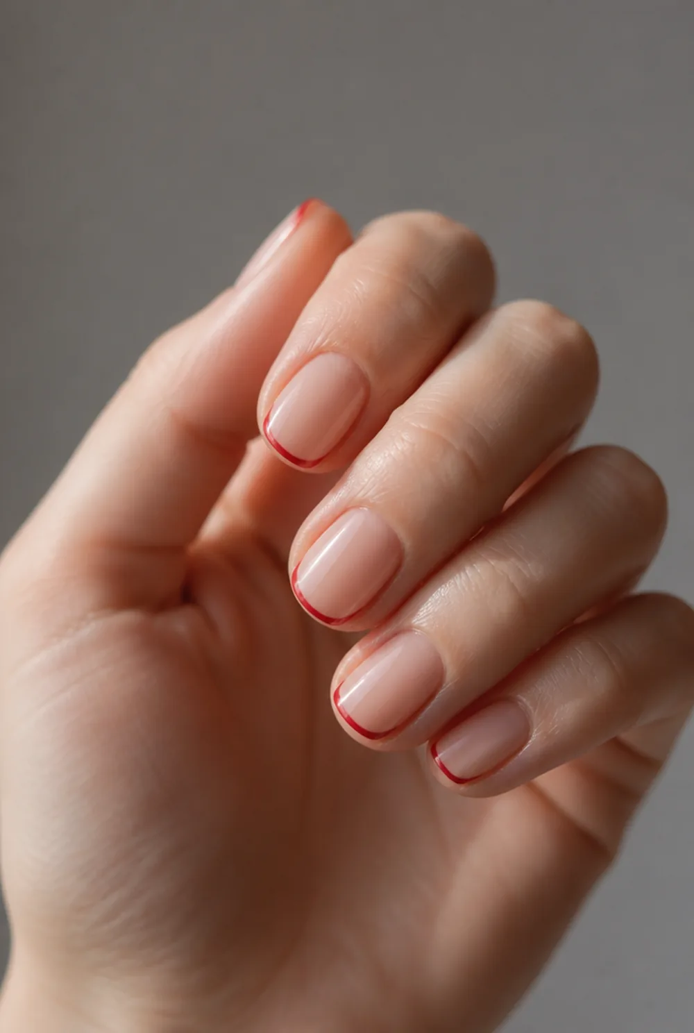 red french tip nail art on fair skin, short length