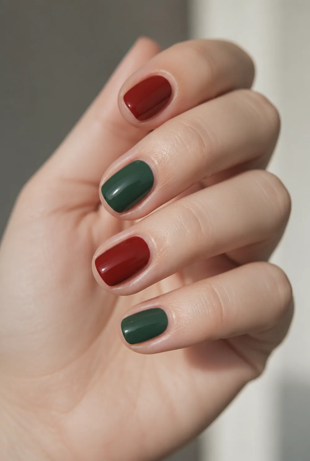 alternating red and green nail art on fair skin, short length