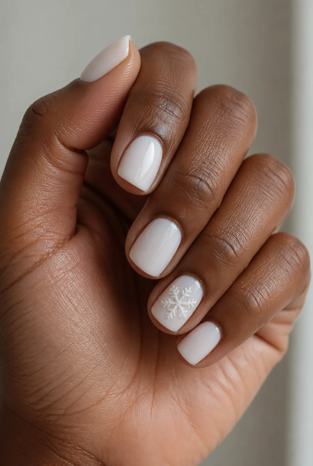 single snowflake accent nail art on deep brown skin