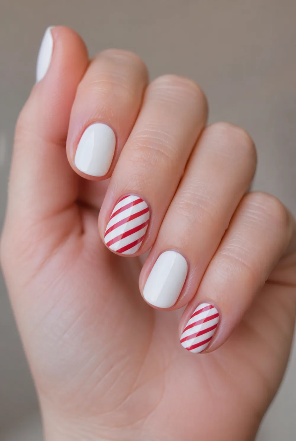 candy cane accent nail art on fair skin, short length