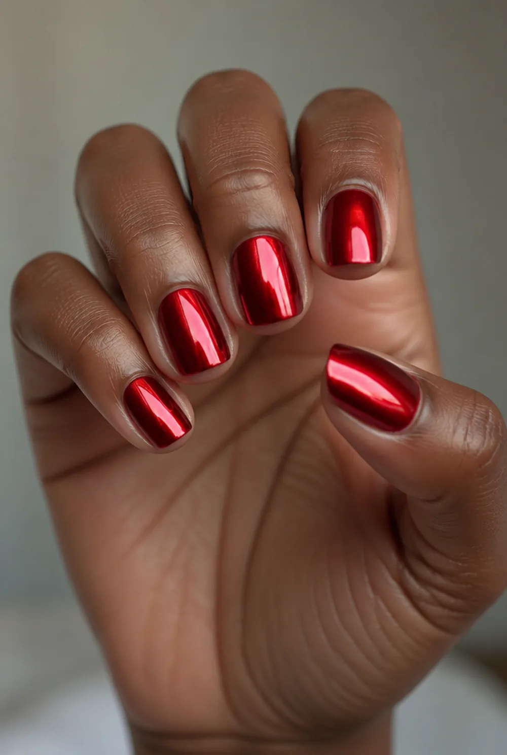 red chrome mirror nail art on deep brown skin