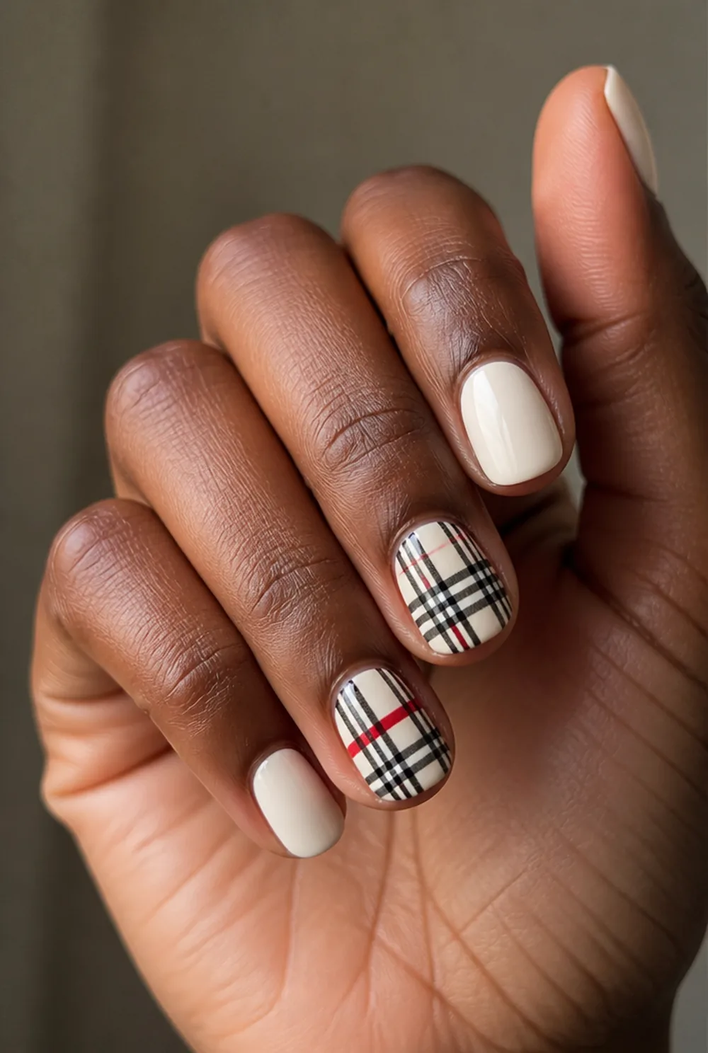 plaid tips nail art on deep brown skin