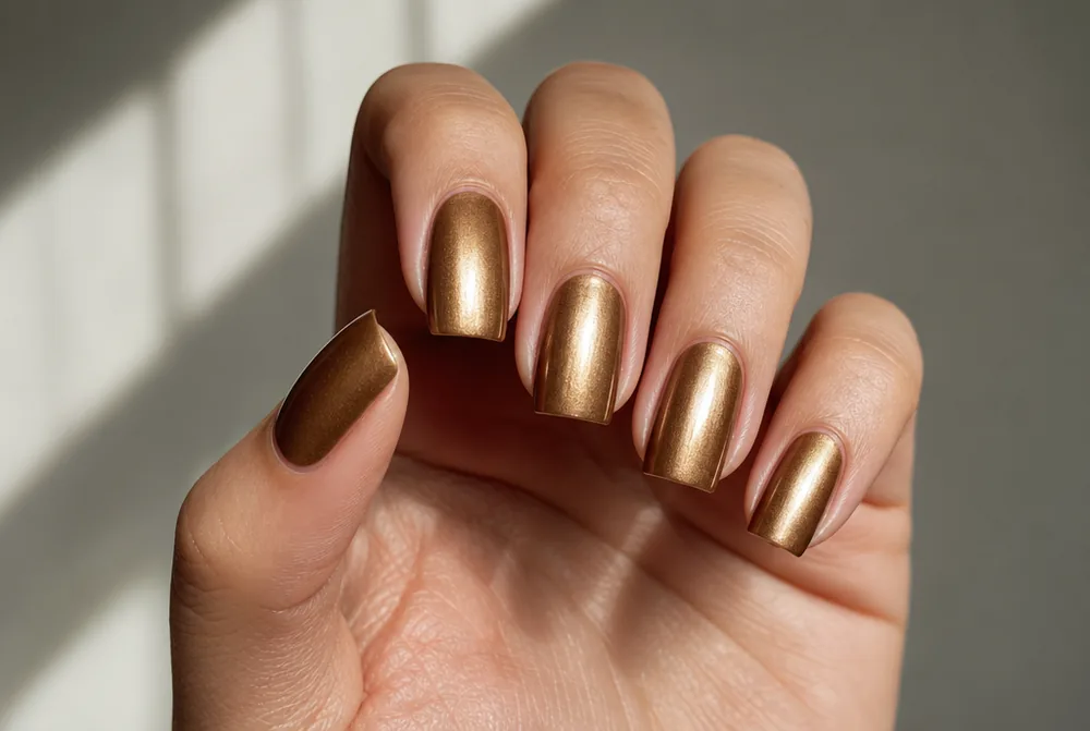 deep bronze gold nails on medium square nails