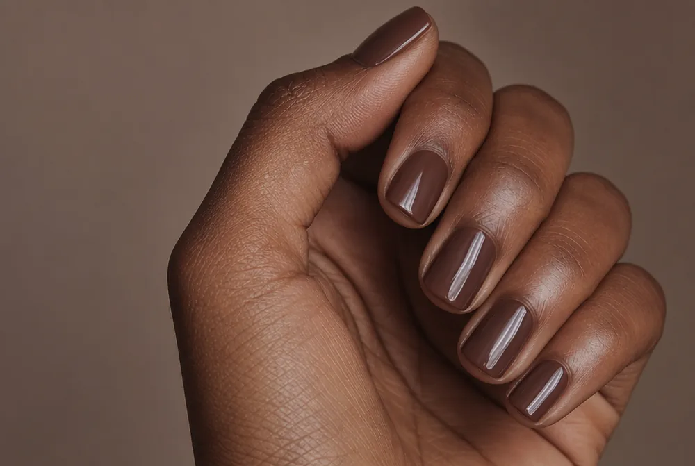 deep chocolate nude nails on deep skin tone