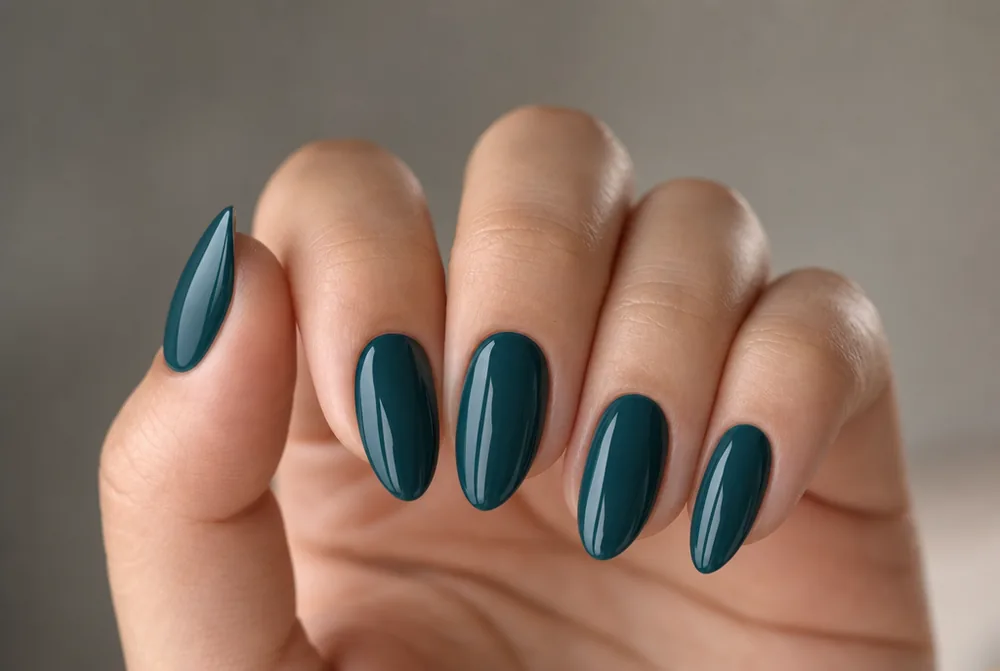 deep teal nails on medium almond shape