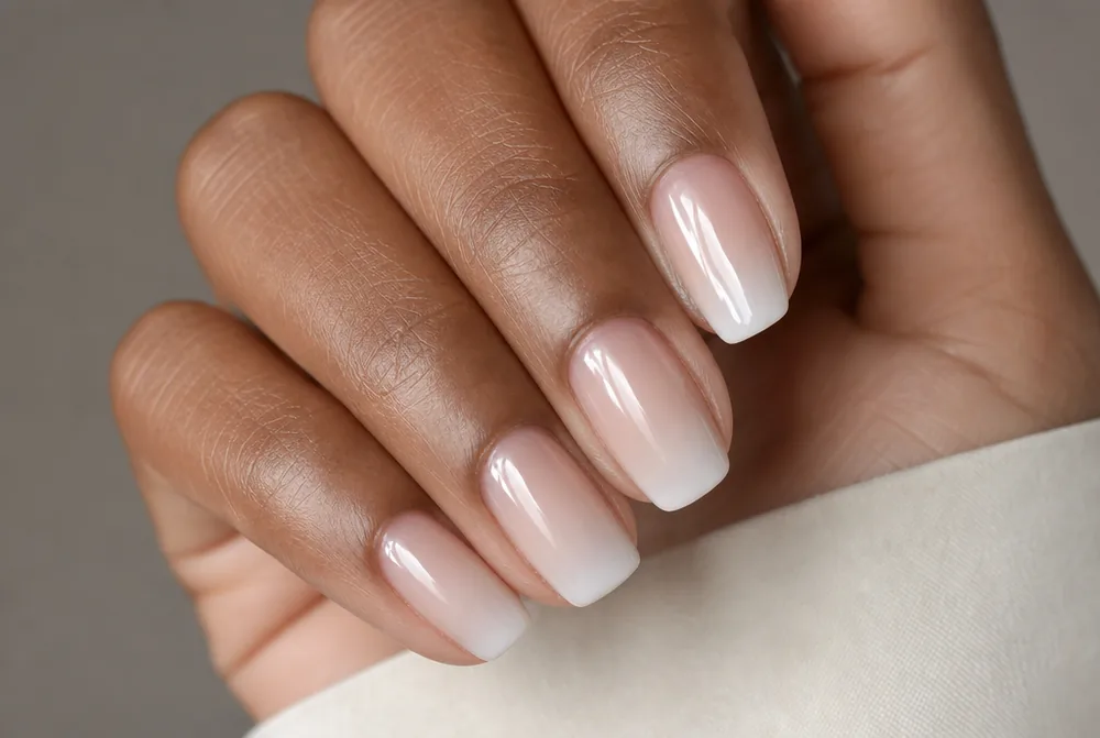 diffused milky white tips on clear nail base
