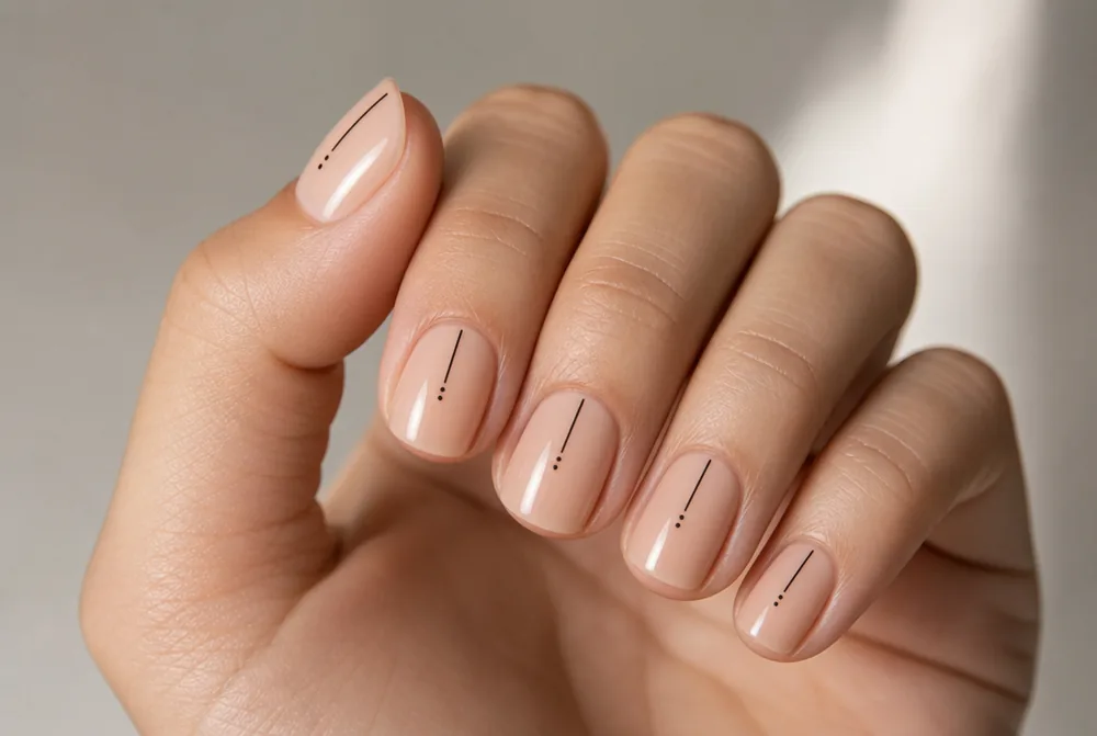 dot and line minimalist nail art on nude base