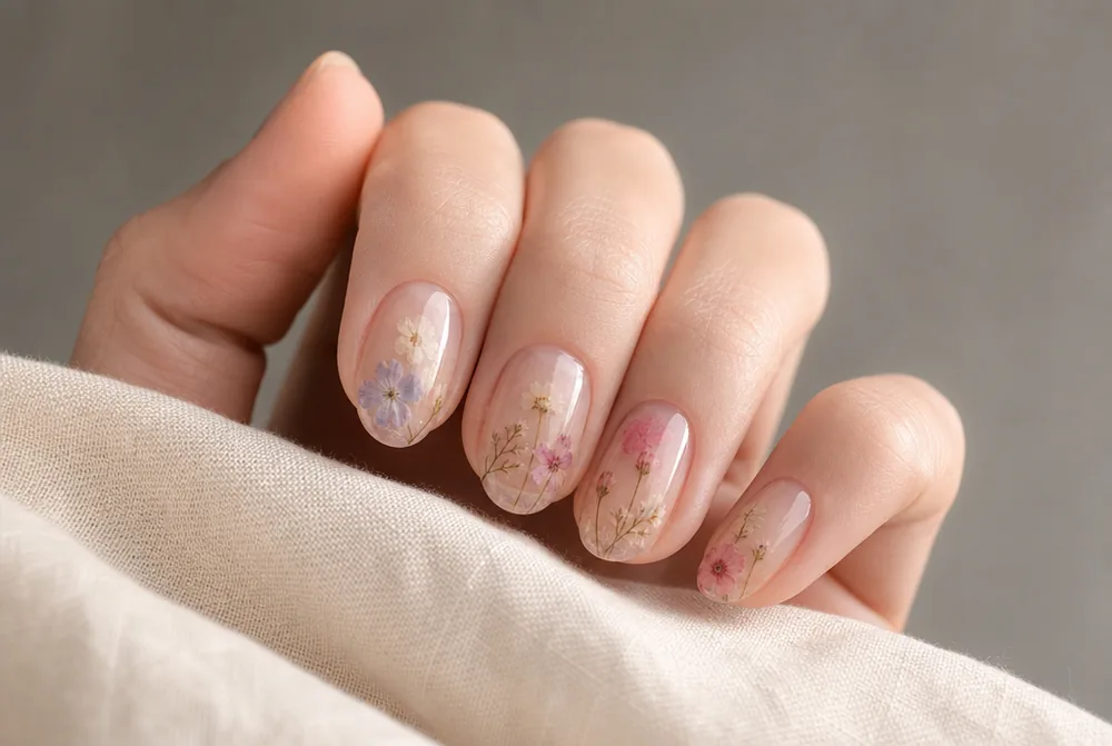 dried flower encapsulated nails on clear base