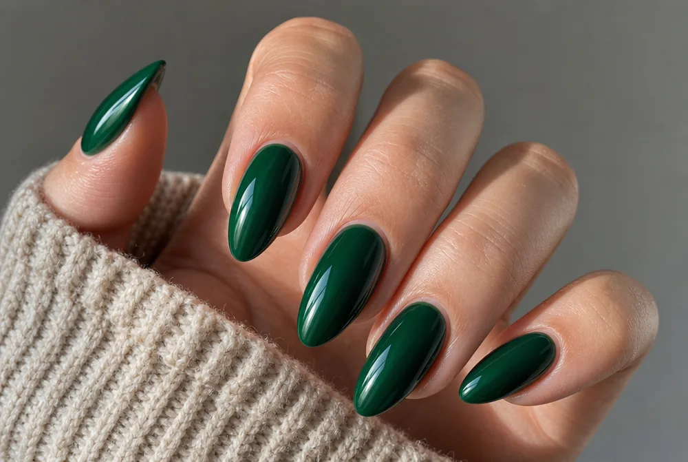 emerald green almond nails with glossy depth