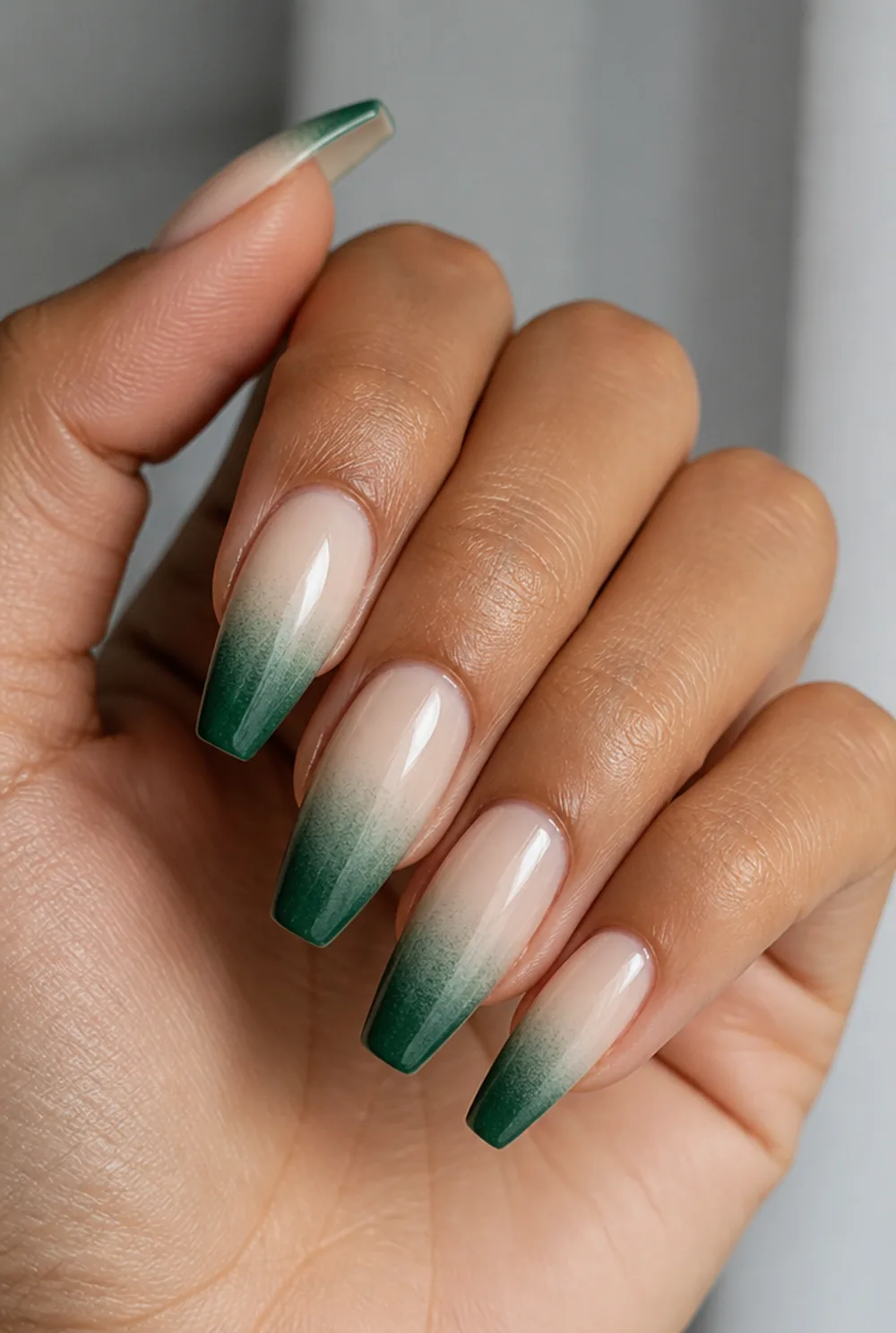 emerald ombre to nude nail art on olive skin long length - PolishedAndPrettyNails.com emerald ombre to nude nail art on olive skin, long length