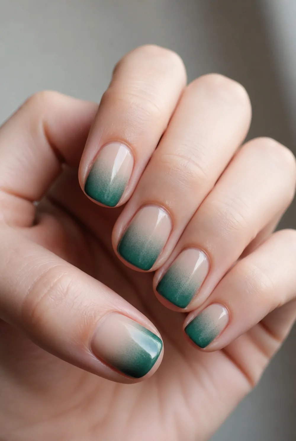 emerald ombre to nude nail art on fair skin short length - PolishedAndPrettyNails.com emerald ombre to nude nail art on fair skin, short length