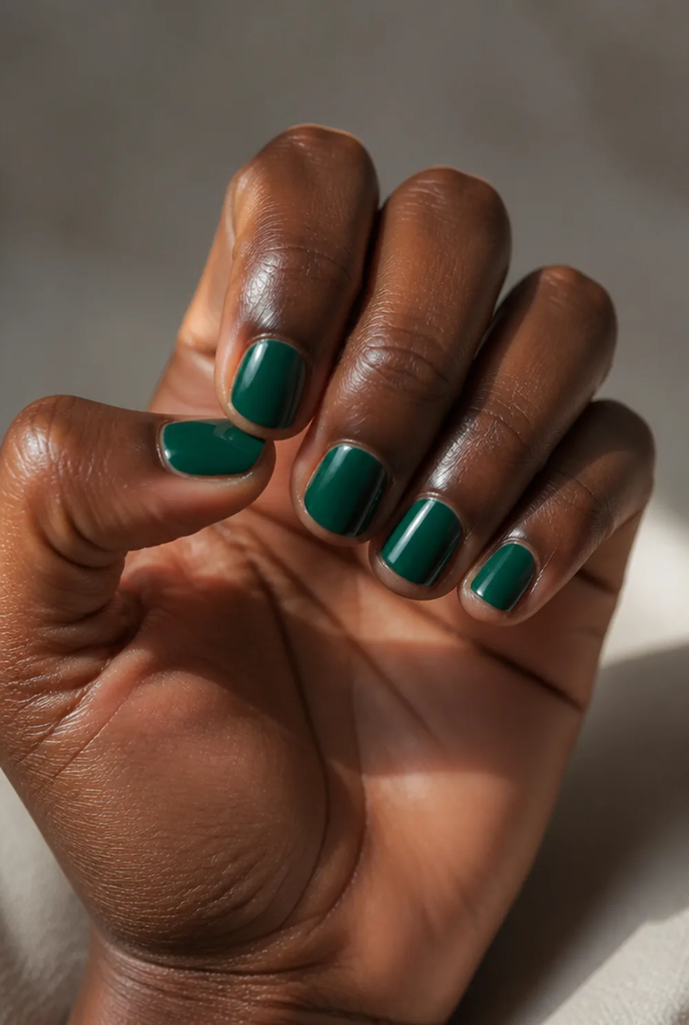 short emerald square nail art on deep brown skin - PolishedAndPrettyNails.com short emerald square nail art on deep brown skin