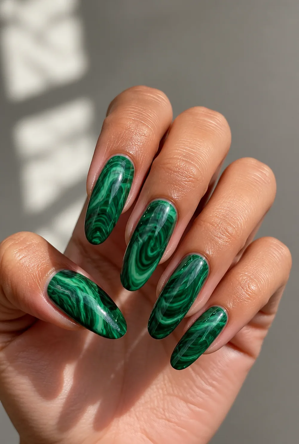 malachite marble nail art on olive skin long length - PolishedAndPrettyNails.com malachite marble nail art on olive skin, long length