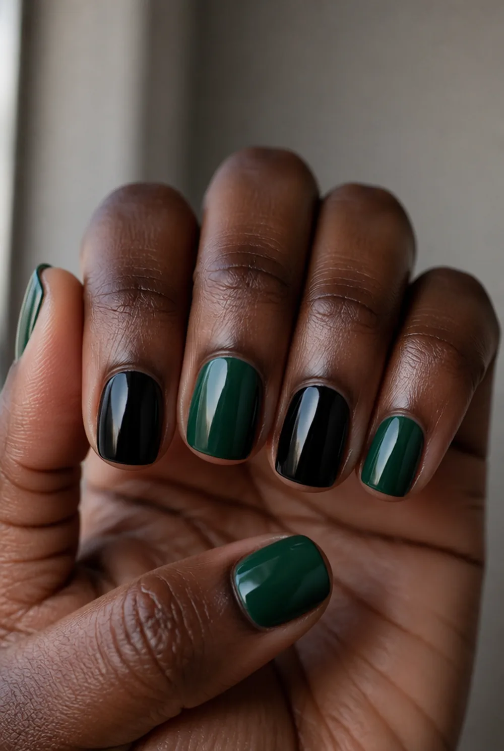 emerald and black nail art on deep brown skin - PolishedAndPrettyNails.com emerald and black nail art on deep brown skin