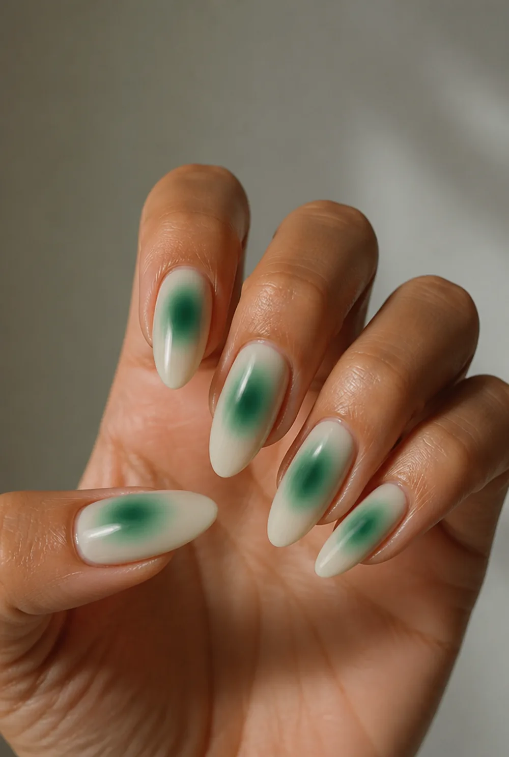 emerald aura nail art on olive skin long length - PolishedAndPrettyNails.com emerald aura nail art on olive skin, long length
