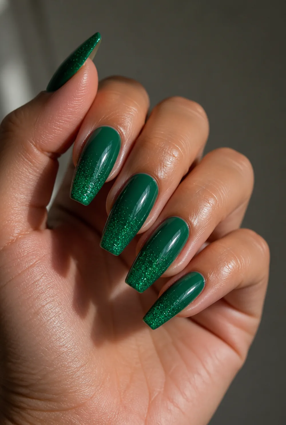 emerald glitter tip nail art on olive skin long length - PolishedAndPrettyNails.com emerald glitter tip nail art on olive skin, long length