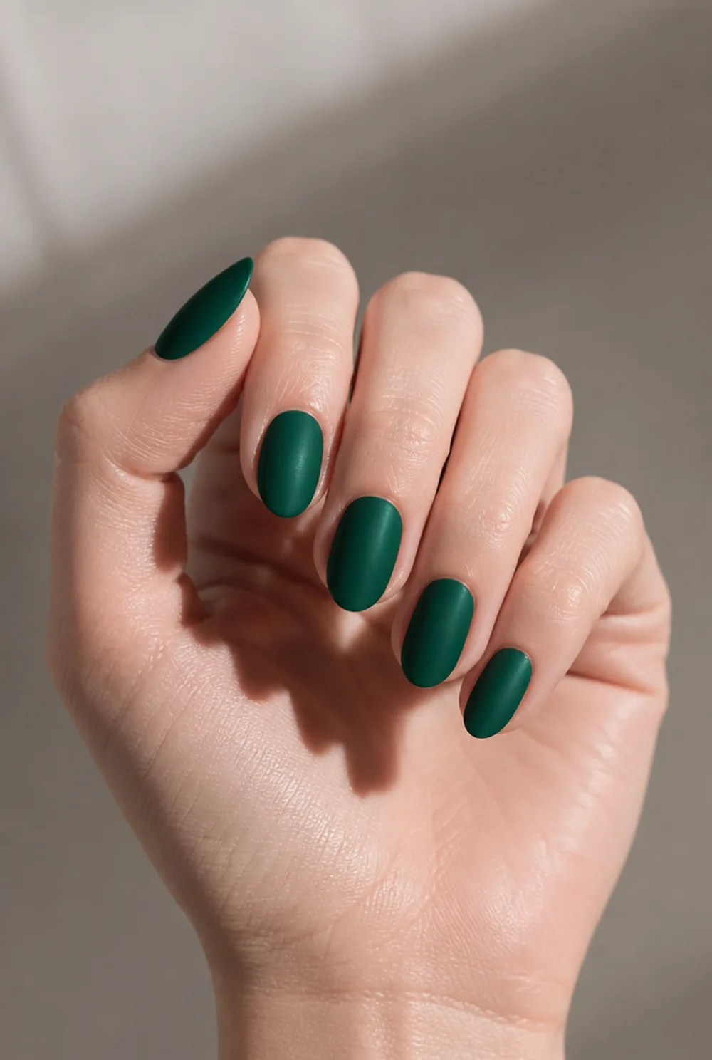 emerald velvet matte nail art on fair skin short length - PolishedAndPrettyNails.com emerald velvet matte nail art on fair skin, short length