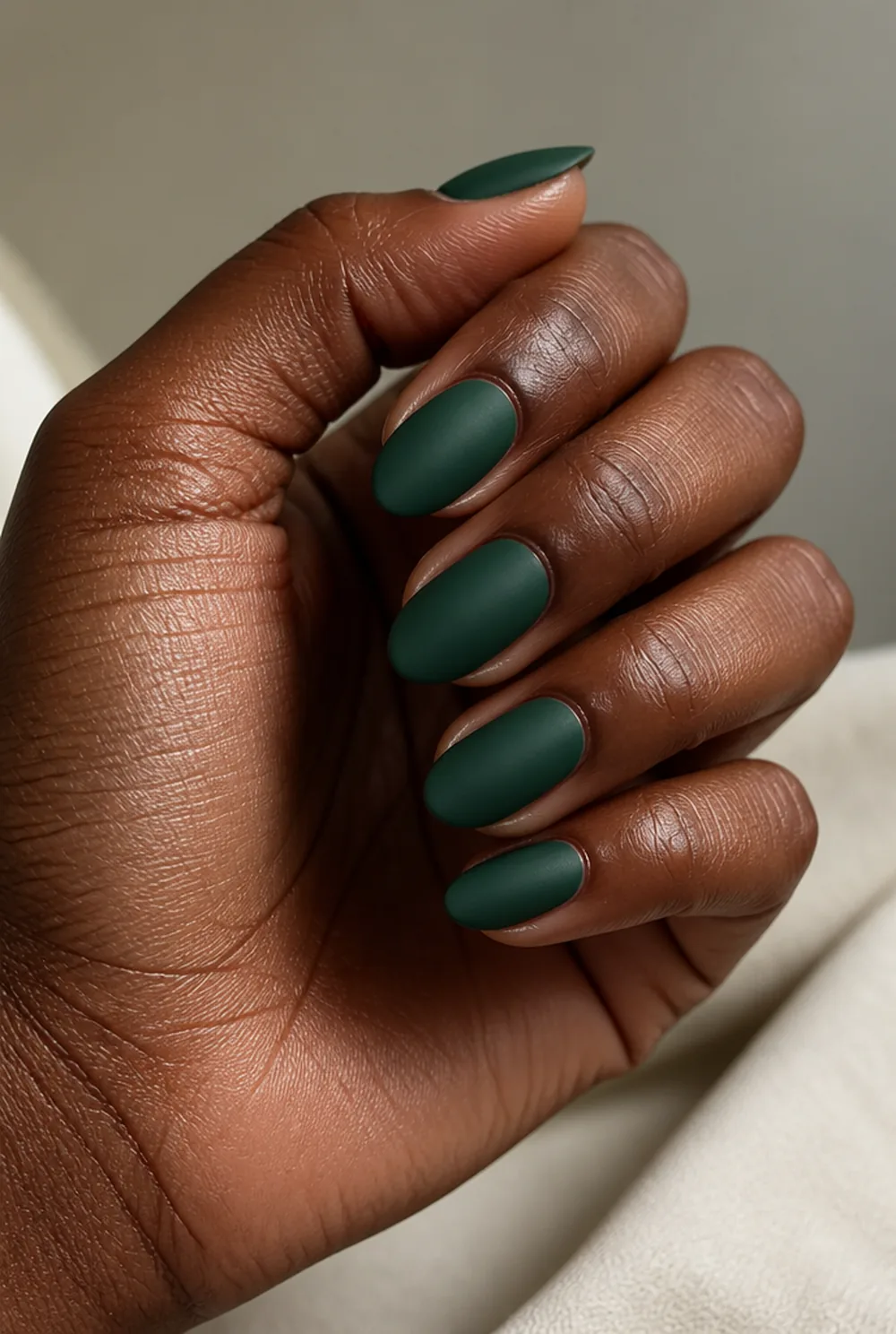 emerald velvet matte nail art on deep brown skin - PolishedAndPrettyNails.com emerald velvet matte nail art on deep brown skin