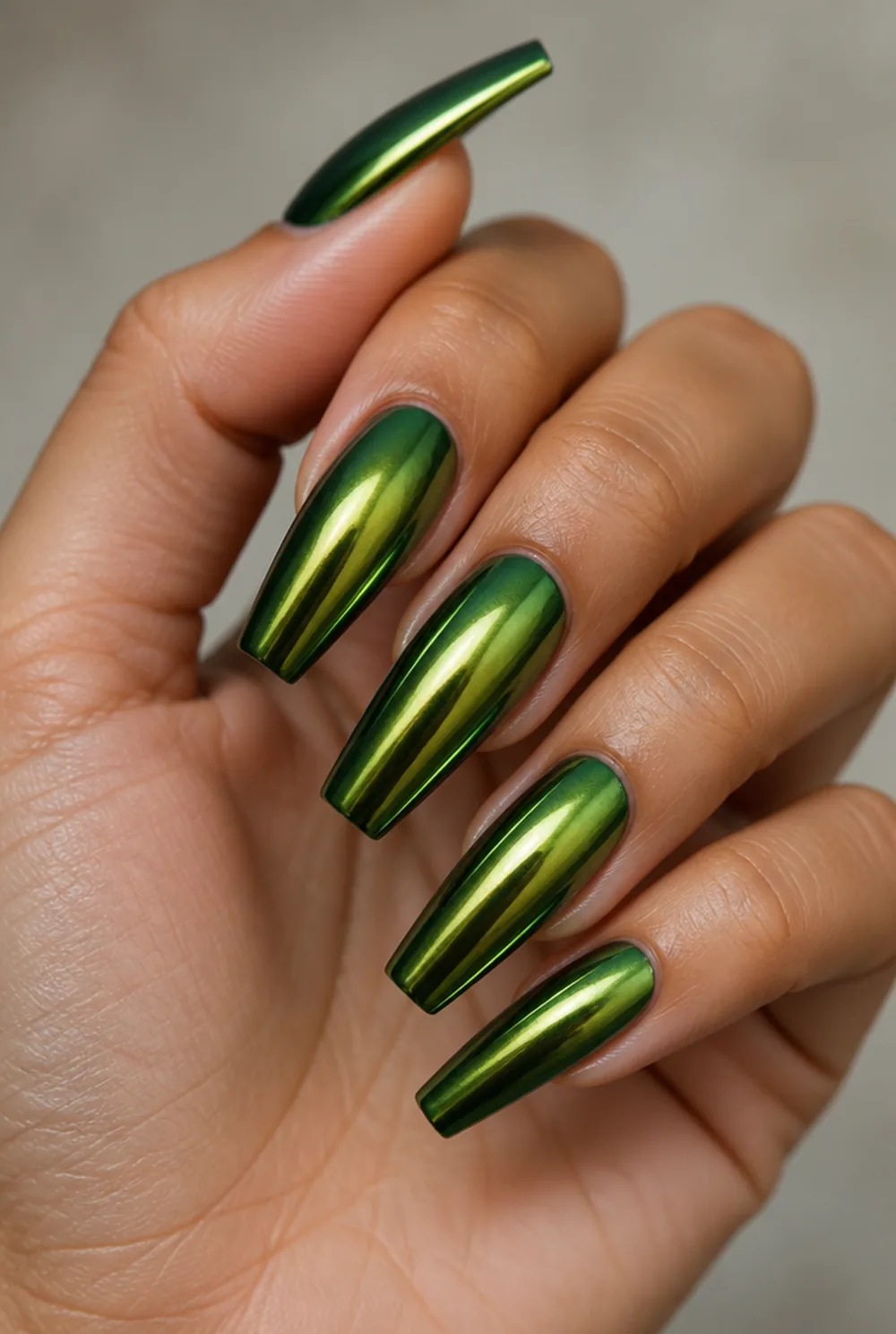 emerald chrome nail art on olive skin long length - PolishedAndPrettyNails.com emerald chrome nail art on olive skin, long length