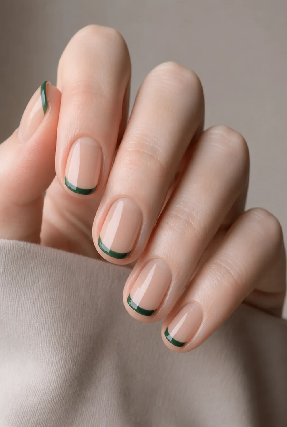 emerald french tip nail art on fair skin short length - PolishedAndPrettyNails.com emerald french tip nail art on fair skin, short length