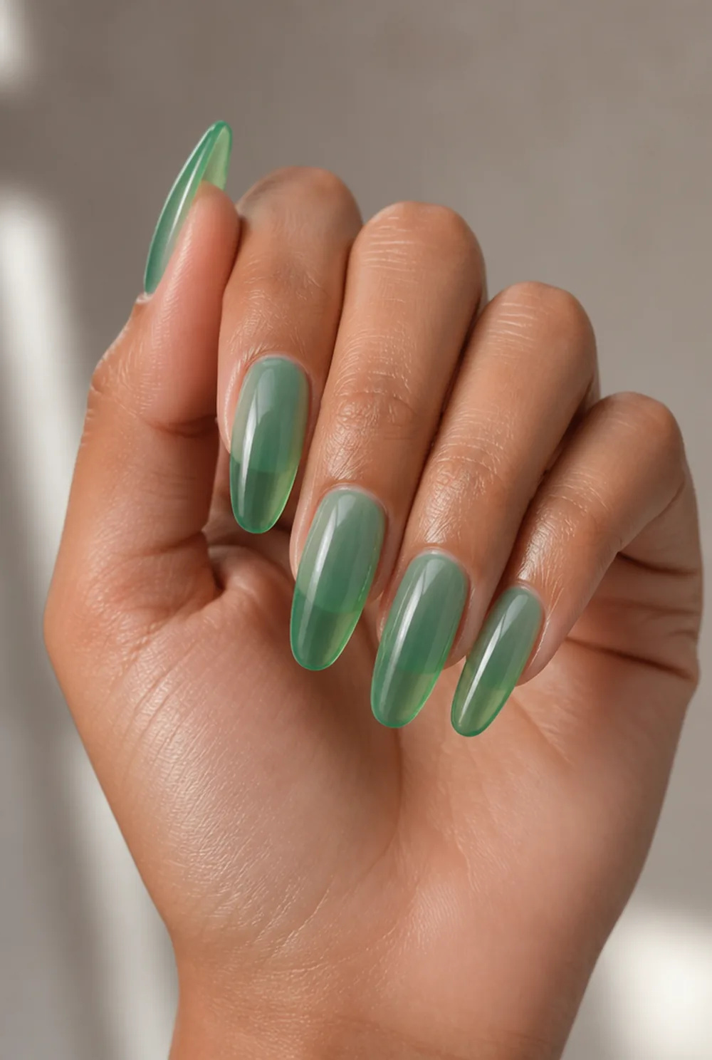 sheer emerald jelly nail art on olive skin long length - PolishedAndPrettyNails.com sheer emerald jelly nail art on olive skin, long length
