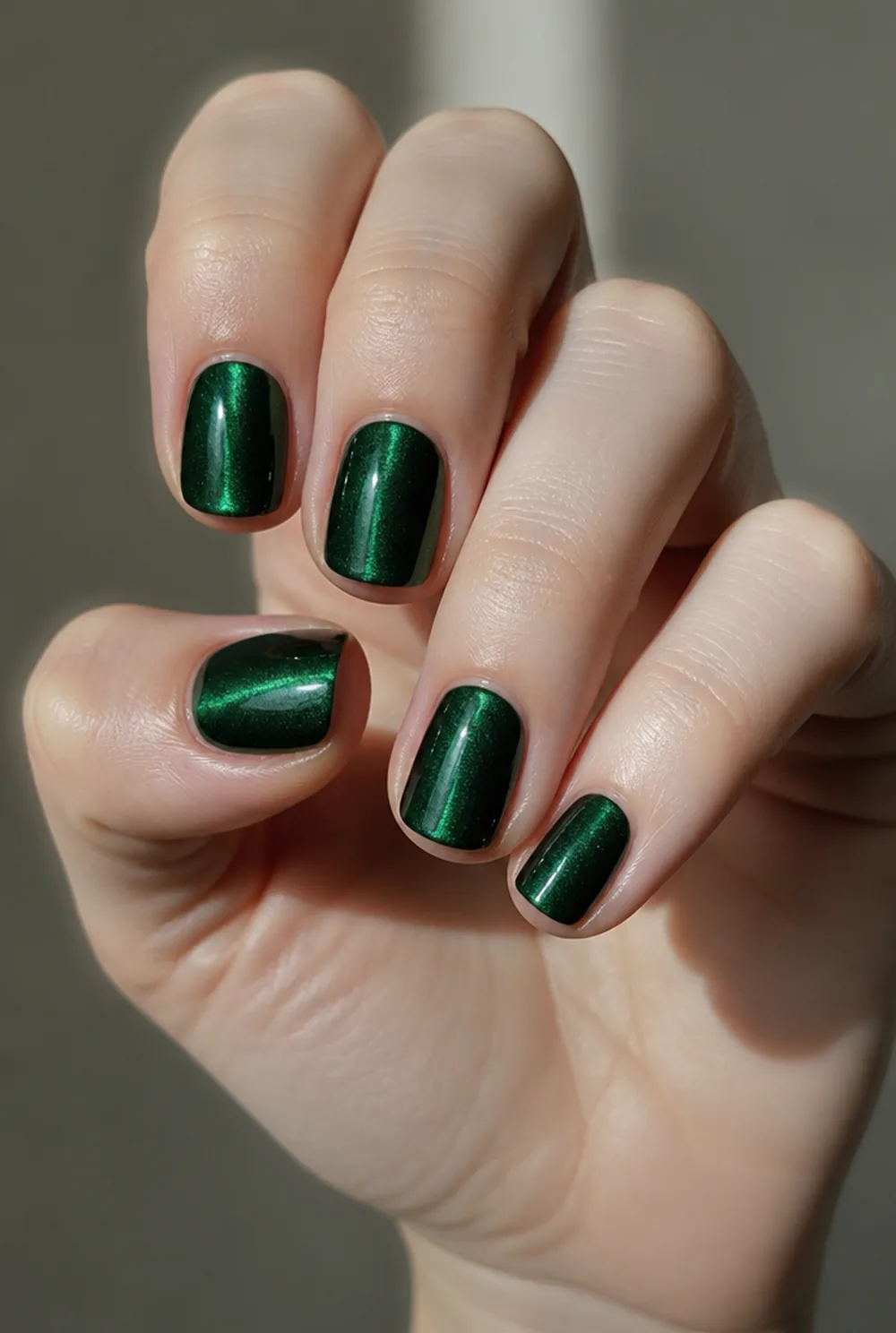 emerald cat eye nail art on fair skin short length - PolishedAndPrettyNails.com emerald cat eye nail art on fair skin, short length