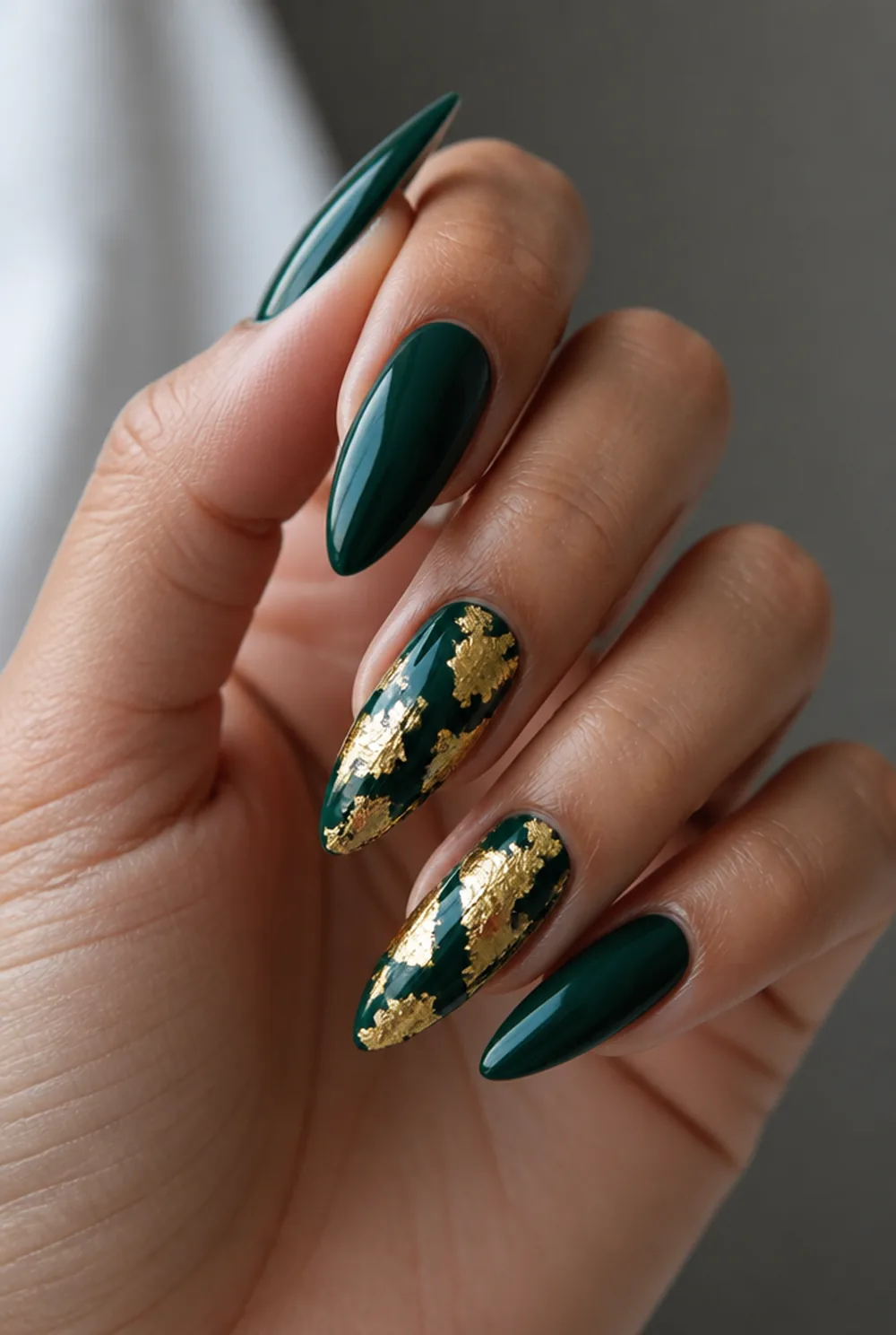 emerald with gold foil nail art on olive skin long length - PolishedAndPrettyNails.com emerald with gold foil nail art on olive skin, long length