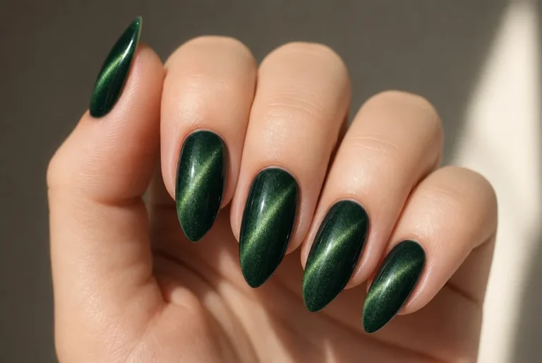 emerald green velvet cat eye nails