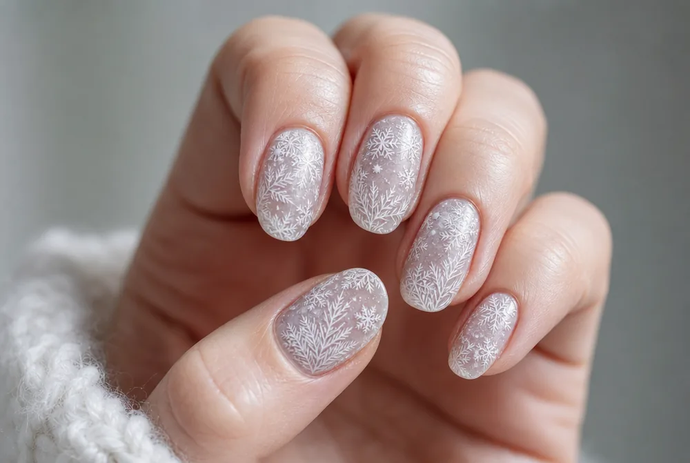 full frost snowflake nail set with all over white pattern